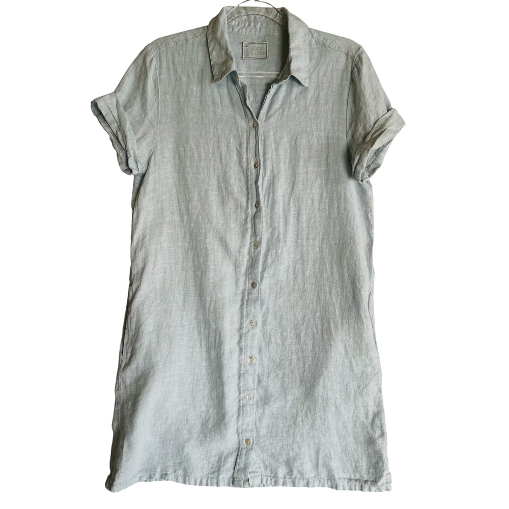 Sigrid Olsen Linen Shirt Dress Womens M Light Blue Button Down Short Sleeve